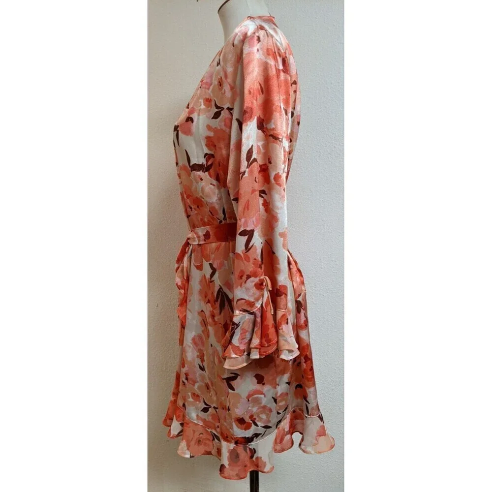 Women's Oscar de la Renta Pink Label Floral Print Ruffle Trim Robe LG